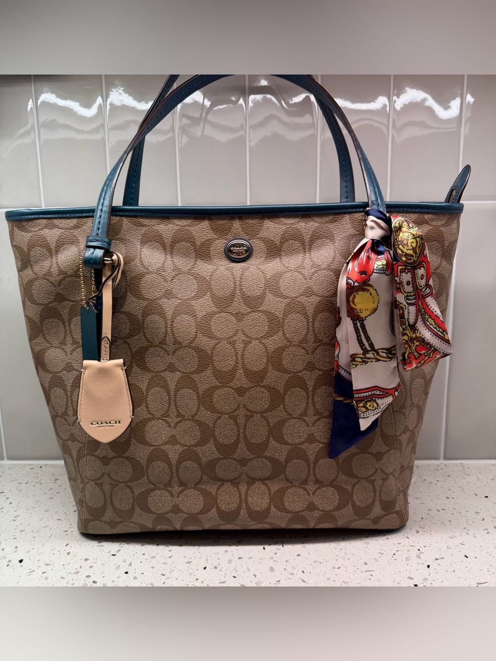 Coach Brown and Blue Signature Canvas Leather Tote Bag Priced Low